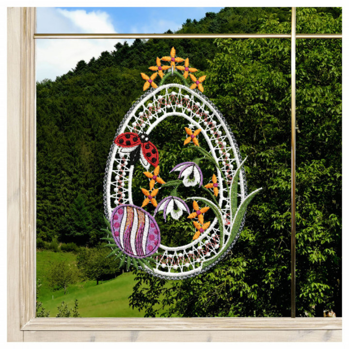 Fensterbild Osterei mit Marienkäfer - Vogtländische Spitze lila