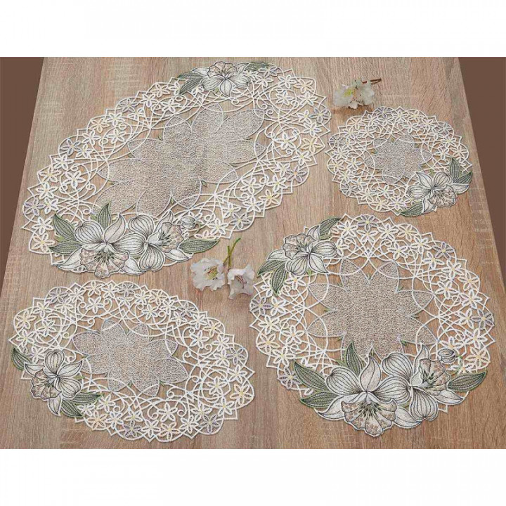 Deckchen Orchidee Plauener Spitze Tischdecke mit Blumen in creme