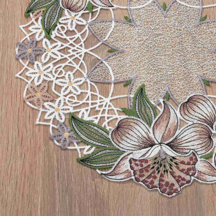 Deckchen Orchidee Plauener Spitze Tischdecke mit Blumen in rosé