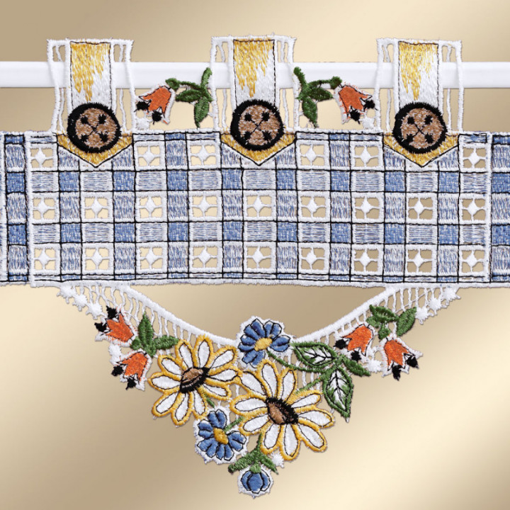 Feenhausgardine Johanna blau – Vogtländischer Spitze – 18 cm hoch