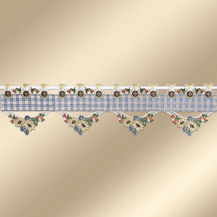 Feenhausgardine Johanna blau – Vogtländischer Spitze – 18 cm hoch