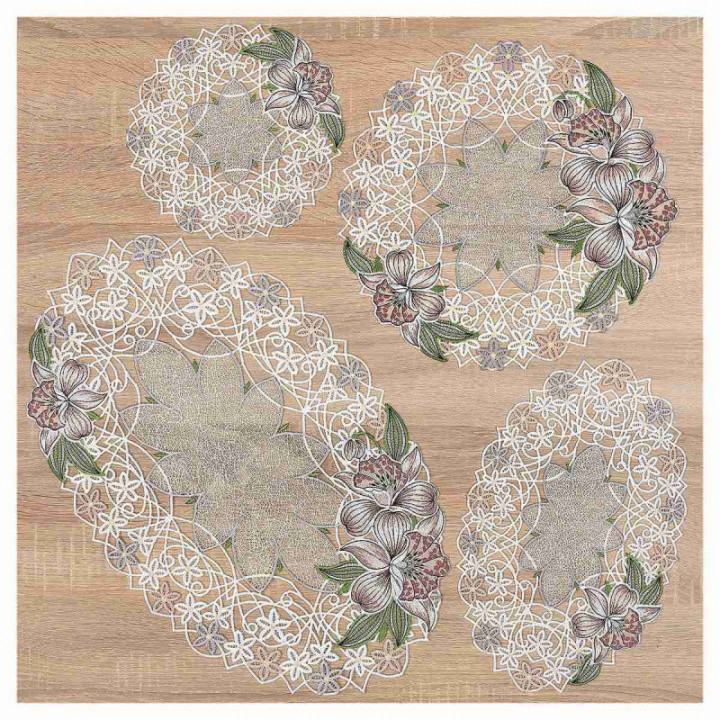 Deckchen Orchidee Plauener Spitze Tischdecke mit Blumen in rosé