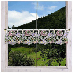 Frühlings-Scheibengardine Frühlingstraum Echte Vogtländische Spitze mit Blumen-Stickerei | Fenster-Dekoration 19 cm hoch
