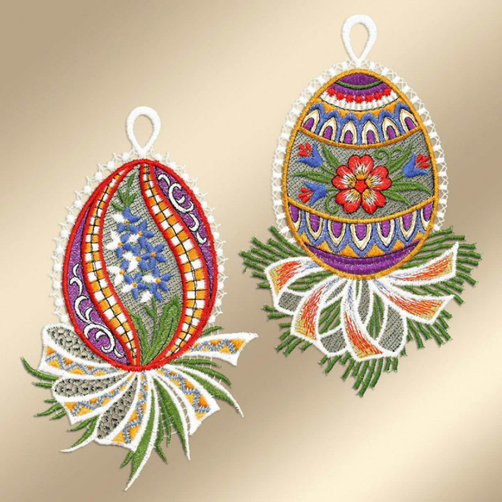 Fensterbilder Ostereier Primel-Blütenrispe blau 21x13 cm - vogtländische Spitze