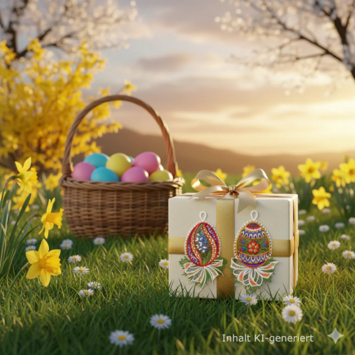 Fensterbilder Ostereier Primel-Blütenrispe blau 21x13 cm - vogtländische Spitze