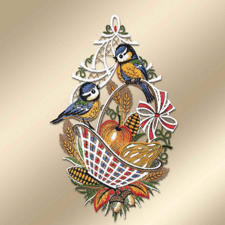 Fensterbild Herbstkorb mit Blaumeisen Plauener Spitze