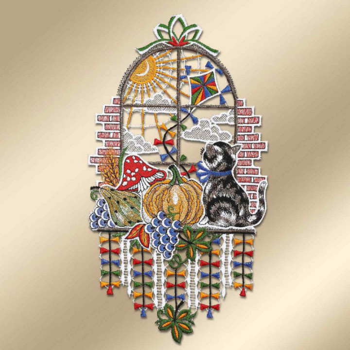 Fensterbild Herbstfenster mit Katze Plauener Spitze