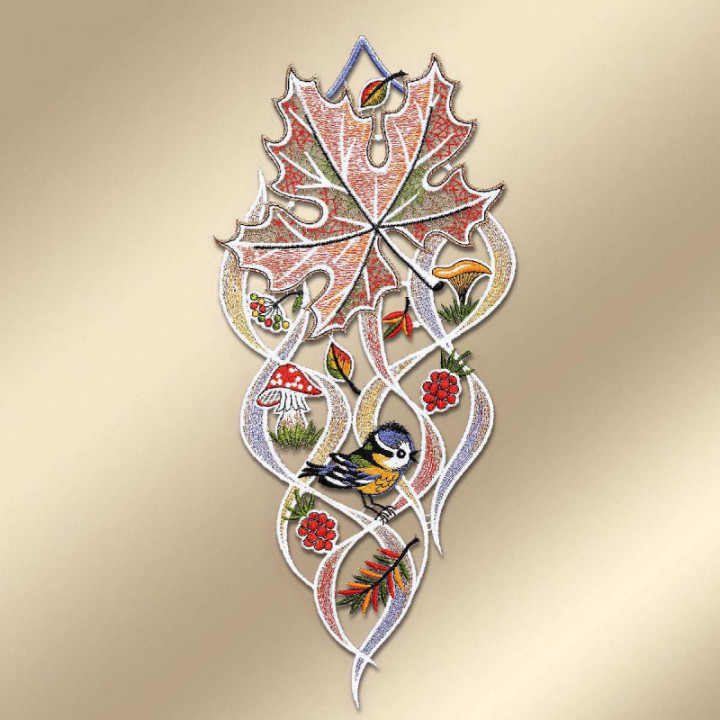 Fensterbild Herbst-Ahorn mit Vögelchen Plauener Spitze