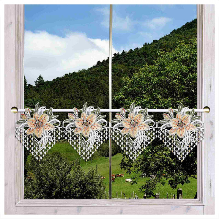 Feenhaus-Spitzengardine Leila mit Lilie gelb Plauener Spitze 23cm hoch