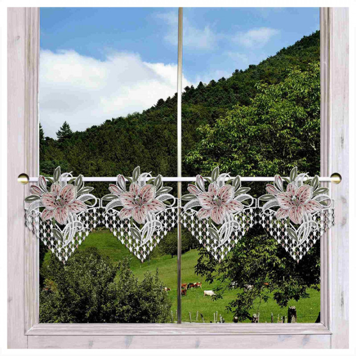 Feenhaus-Spitzengardine Leila mit Lilie rosa Plauener Spitze 23cm hoch