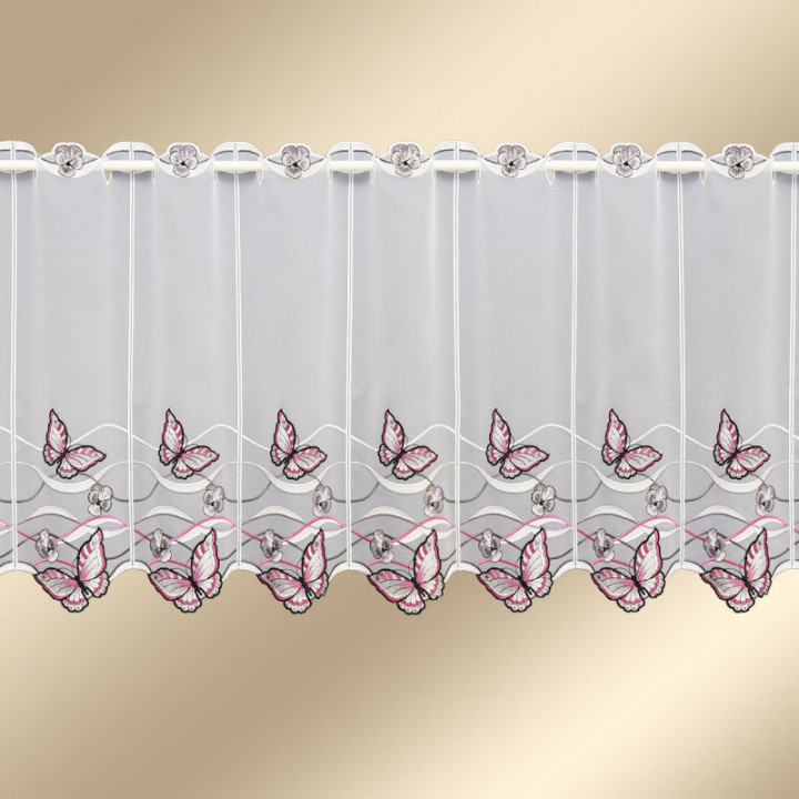 Scheibengardine Schmetterling Pink-Taupe Plauener Spitze halbtransparenter Scheibenhänger bestickt mit Falter Wellenlinien und S