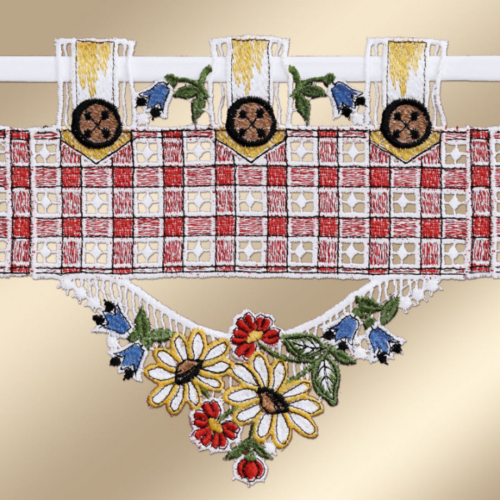 Feenhausgardine Johanna Rot - vogtländische Spitze - 18 cm hoch