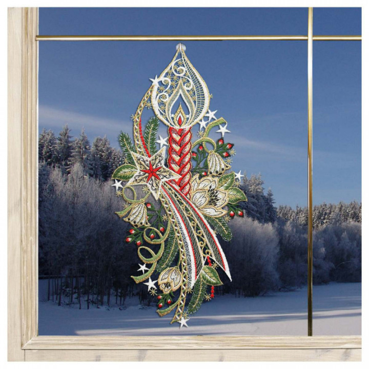 Winter-Fensterbild Kerze mit Stern Plauener Spitze rot
