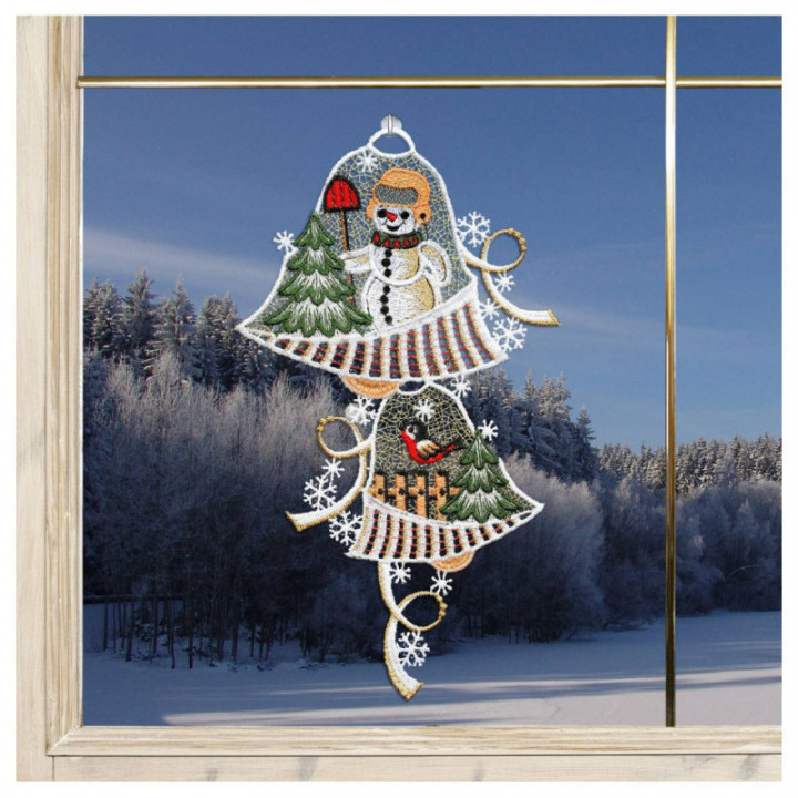 Fensterbild Glocken mit Schneemann Plauener Spitze beige
