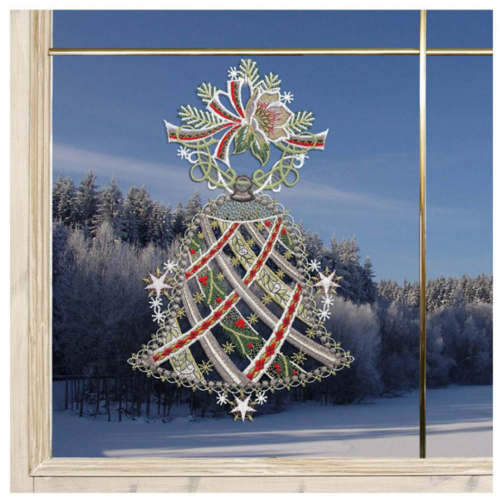 Spitzen-Fensterbild Glocke mit Christrose in grau Vogtländische Spitze | festliches gesticktes Wintermotiv 32 x 19 cm