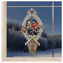 Winter-Fensterbild Gimpelpaar Plauener Spitze 36 x 19 cm