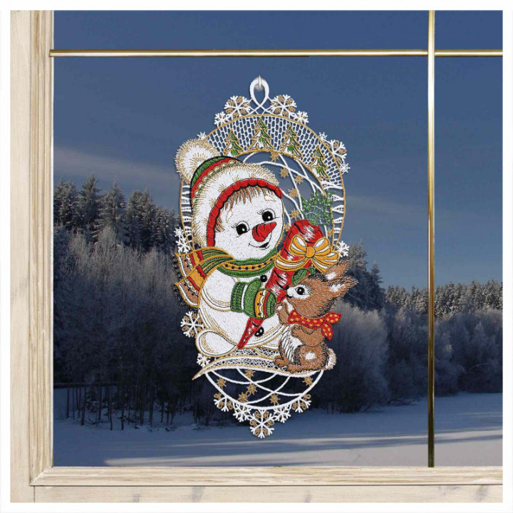 Winter-Fensterbild lustiger Schneemann Plauener Spitze 33 x 17 cm