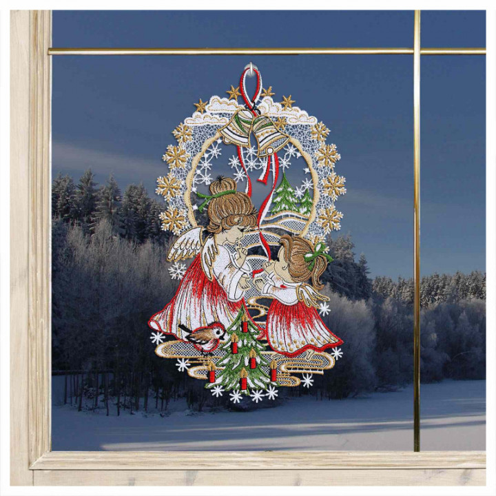 Weihnachts-Fensterbild Engelchen Plauener Spitze 30 x 18 cm