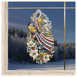 Fensterbild Blaumeisen auf Christrosenzweig Plauener Spitze 34 x 18 cm