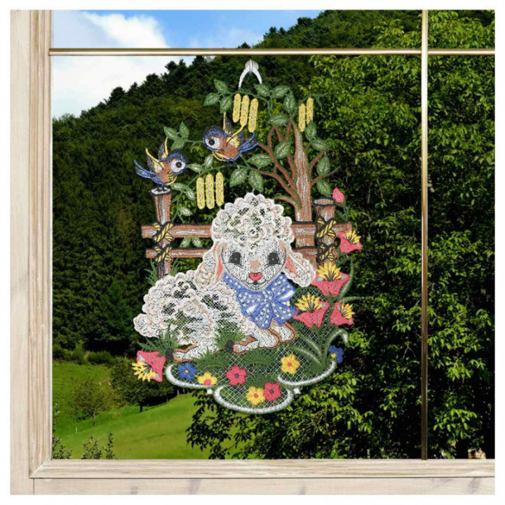 Fensterbild Schäfchen - Blaumeisen - Vogtländische Spitze - 31x21cm