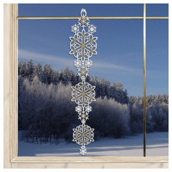 Winter-Fensterbild Leise rieselt der Schnee Plauener Spitze gestickte Girlande Schneeflocken Eiskristalle weiß-gold Fenster-Deko