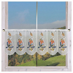 Scheibengardine Herbstwind mit Vogel bestickt Plauener Spitze halbtransparenter Scheibenhänger mit buntem Laub und kleiner Blaum