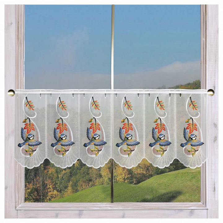 Bestickte Scheibengardine Herbstwind mit Vogel Plauener Spitze