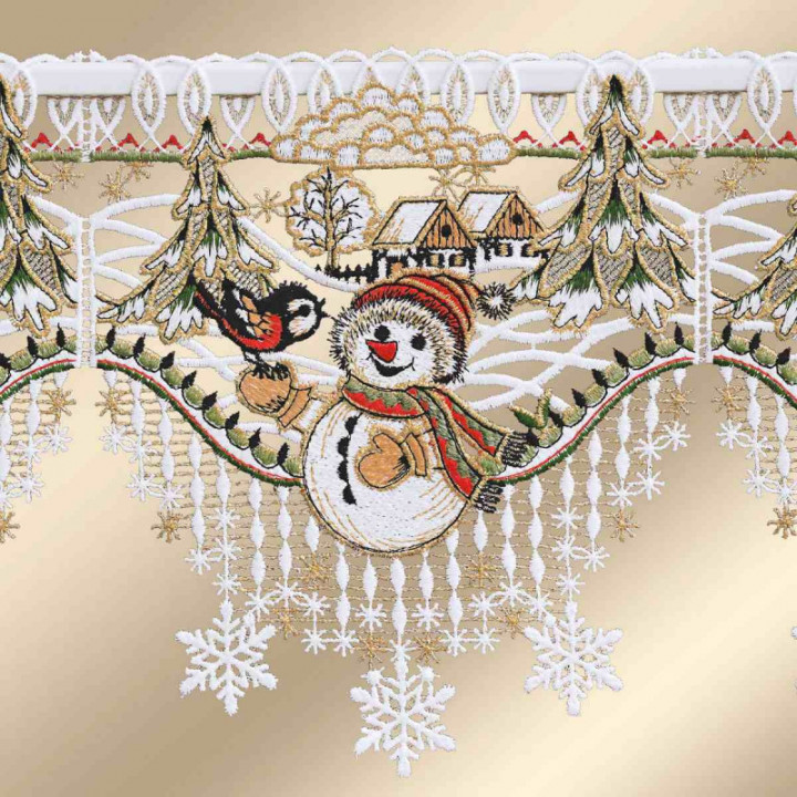 Winter-Feenhausgardine Winterfreunde Scheibenhänger Plauener Spitze