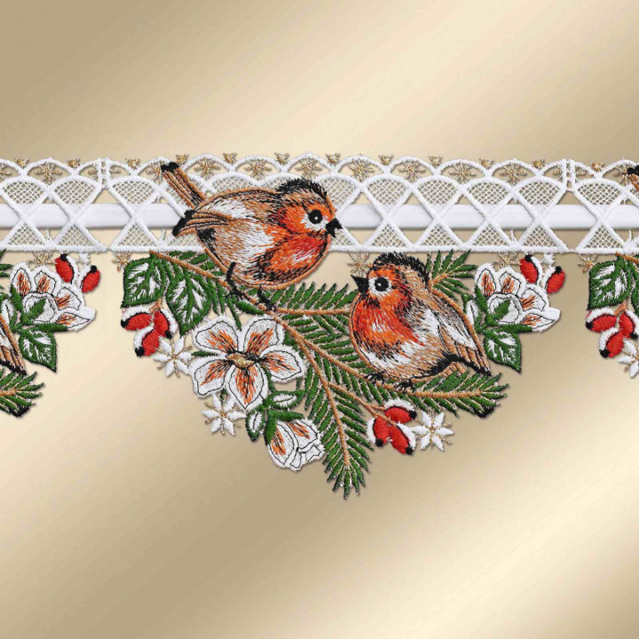 Feenhausgardine Scheibenhänger Rotkehlchen Plauener Spitze 14 cm hoch