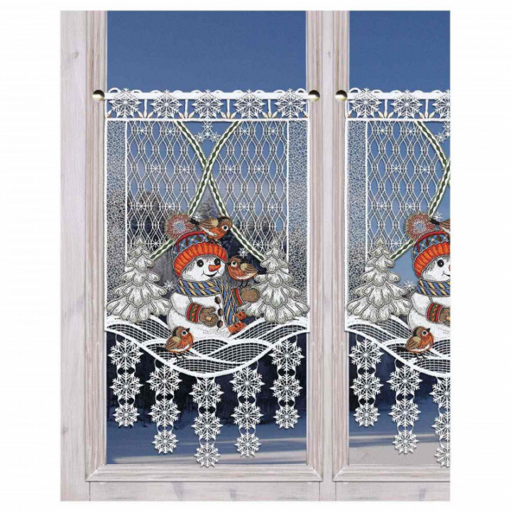 Scheibengardine Fröhliche Winterzeit mit Schneemann Plauener Spitze