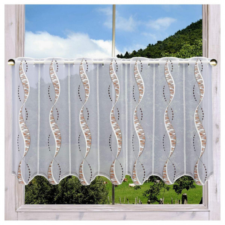 Scheibengardine Devina beige-braun Plauener Spitze zart bestickt Scheibenhänger Bänder mit Ornament-Stickerei Perlenschnurmuster