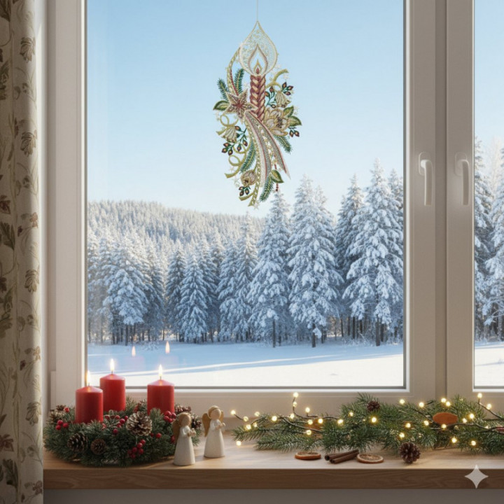 Winter-Fensterbild Kerze mit Stern Plauener Spitze rosé