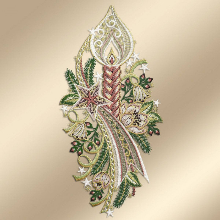 Winter-Fensterbild Kerze mit Stern Plauener Spitze rosé