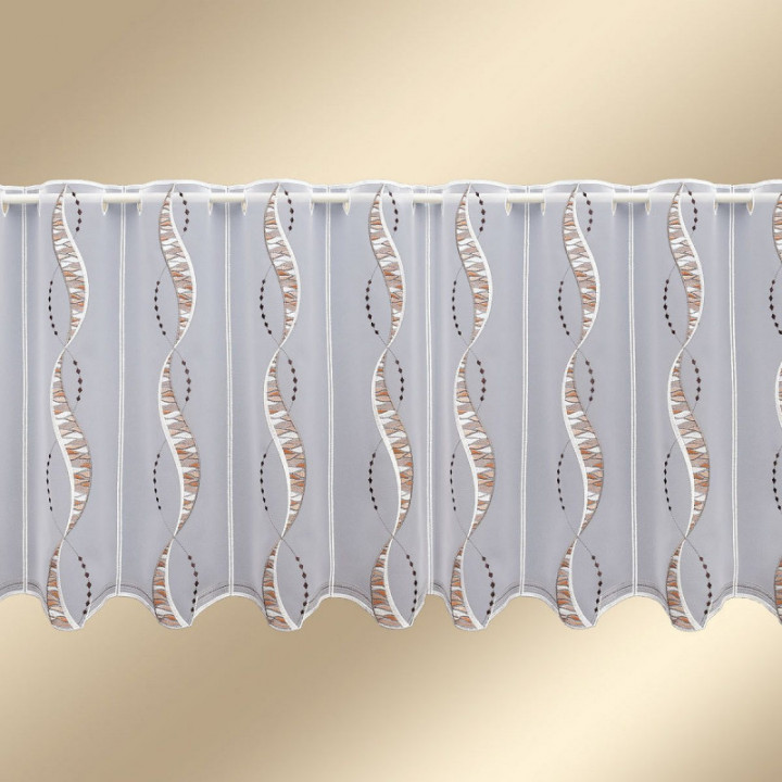 Scheibengardine Devina beige-braun Plauener Spitze zart bestickt Scheibenhänger Bänder mit Ornament-Stickerei Perlenschnurmuster