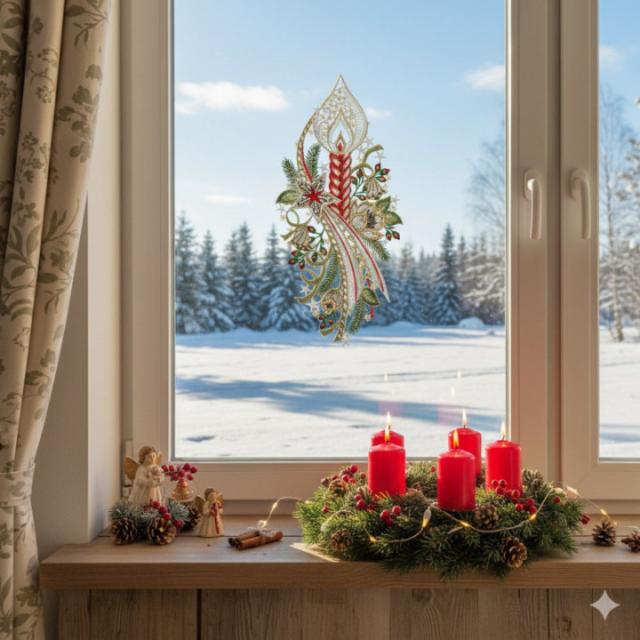 Winter-Fensterbild Kerze mit Stern Plauener Spitze rot