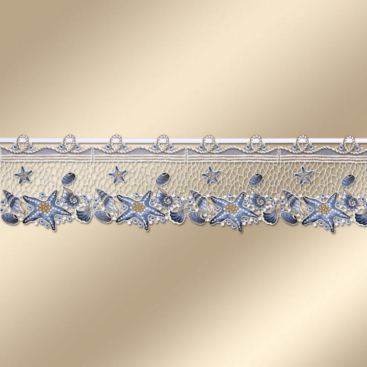 Feenhaus-Gardine Seesterne - Vogtländische Spitze blau