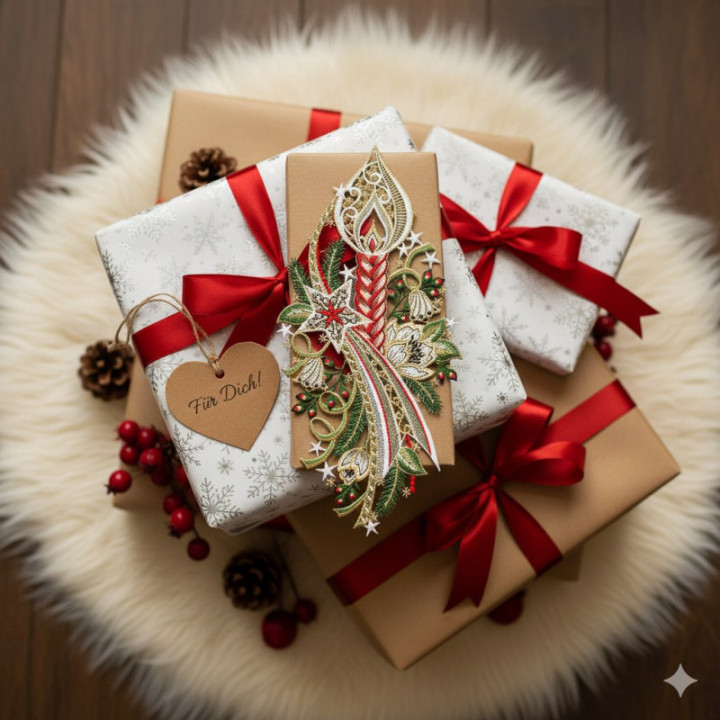 Winter-Fensterbild Kerze mit Stern Plauener Spitze rot