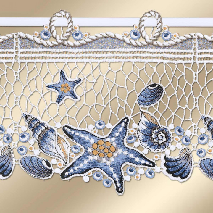 Feenhaus-Gardine Seesterne - Vogtländische Spitze blau