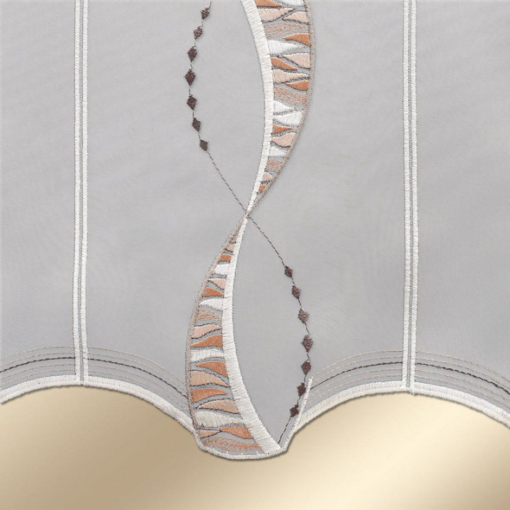 Scheibengardine Devina beige-braun Plauener Spitze zart bestickt Scheibenhänger Bänder mit Ornament-Stickerei Perlenschnurmuster