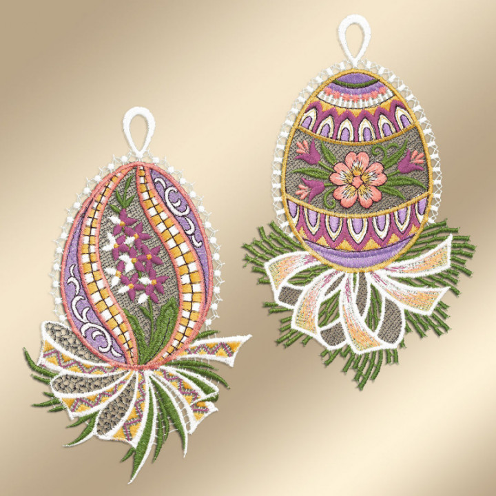 Fensterbilder 2er Set Ostereier - Primel - lila - Vogtländische Spitze