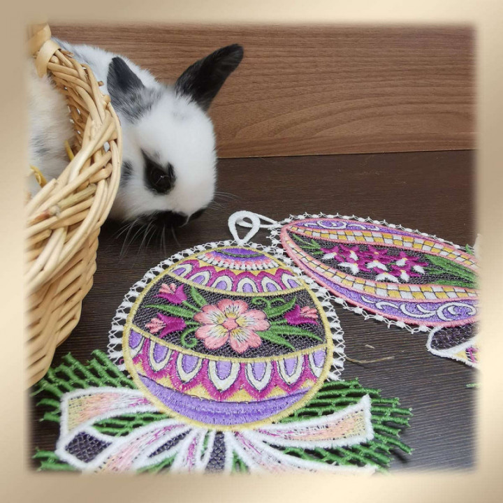 Fensterbilder 2er Set Ostereier - Primel - lila - Vogtländische Spitze