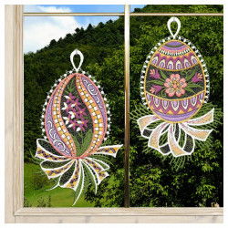 Fensterbilder 2er Set Ostereier Primel & Blütenrispe lila | Echte Vogtländische Spitze 21x13 cm