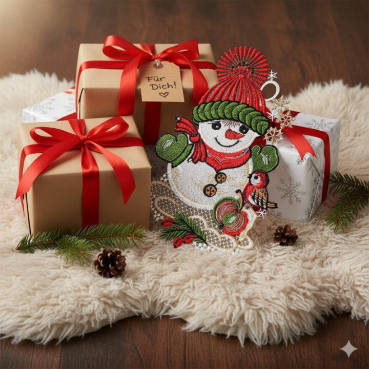 Winter-Fensterbild Schneemann Plauener Spitze