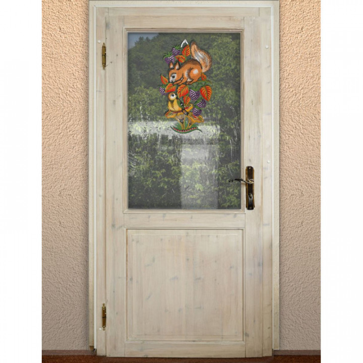 Fensterbild Eichhörnchen und Vögelchen Plauener Spitze lila