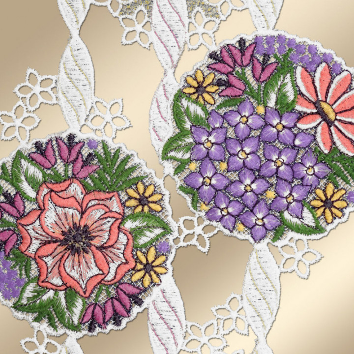 Fensterbild Blütenbälle lachs-violett - Vogtländische Spitze