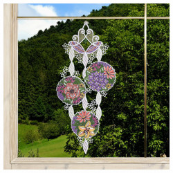 Fensterbild Blütenbälle Vogtländische Spitze lachs-violett | Elegante Blumenstickerei für Küche & Wohnen 40x19 cm