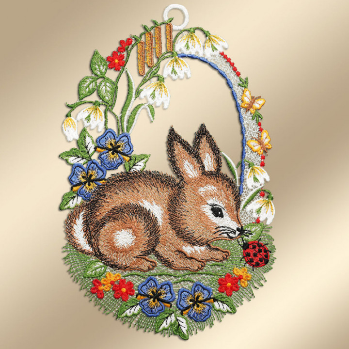 Fensterbild Hase mit Käfer blau - Vogtländischer Spitze