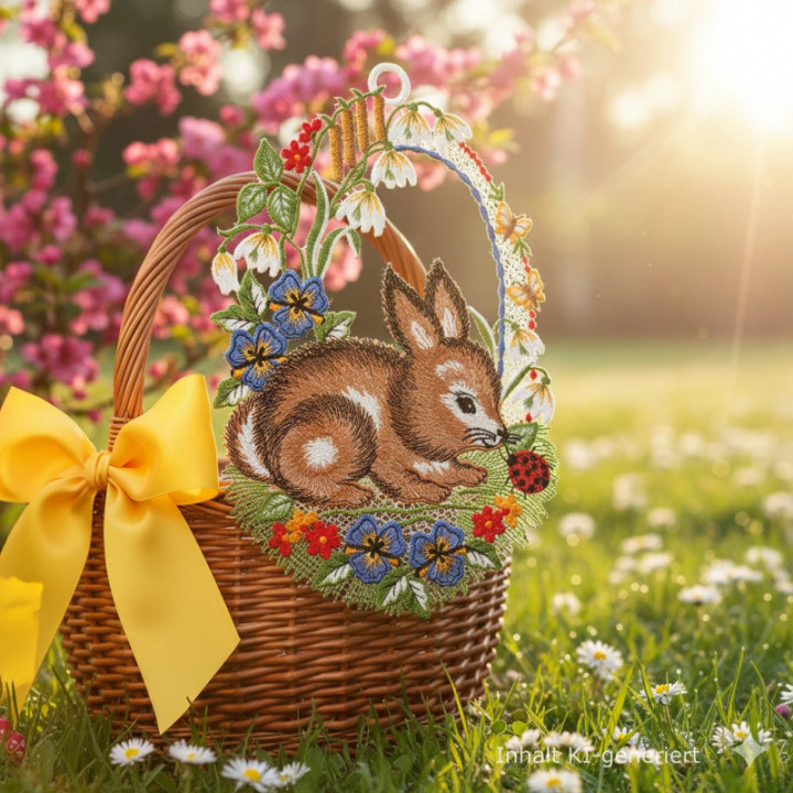 Fensterbild Hase mit Käfer blau - Vogtländischer Spitze