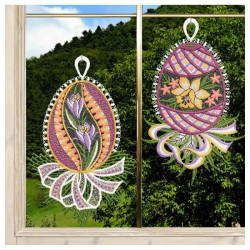 Fensterbilder 2er Set Ostereier Krokus & Narzisse | Echte vogtländische Spitze lila 21x13 cm