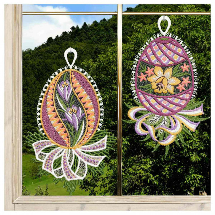 Fensterbilder 2er Set Ostereier Krokus & Narzisse - vogtländische Spitze 21x13 cm